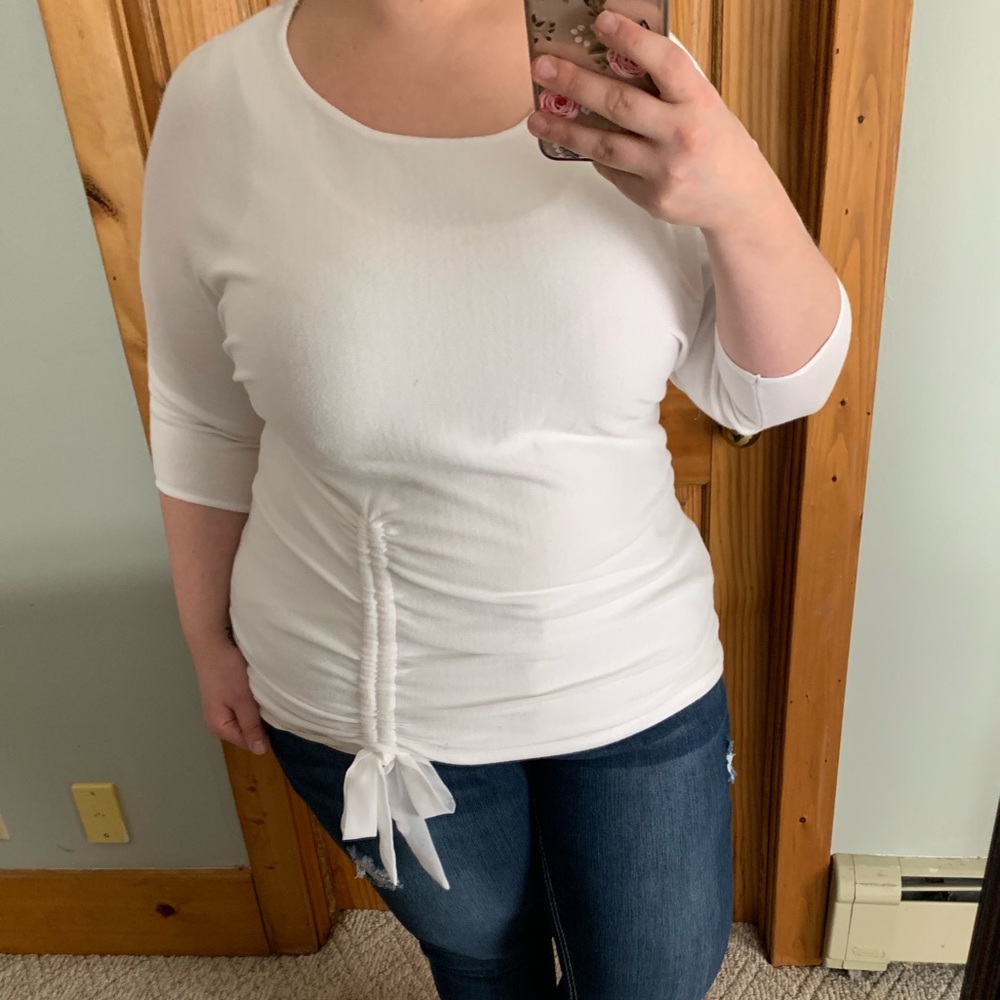 Ashley Stewart white sweater with chiffon bow